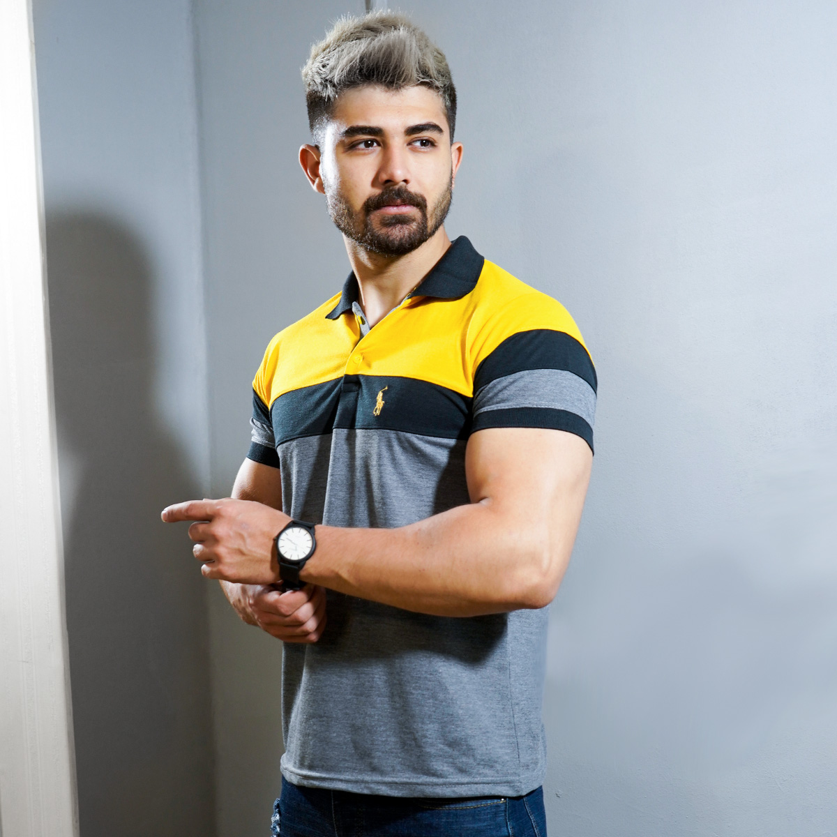 تيشرت مردانه رنگ طوسي زرد مدل chian