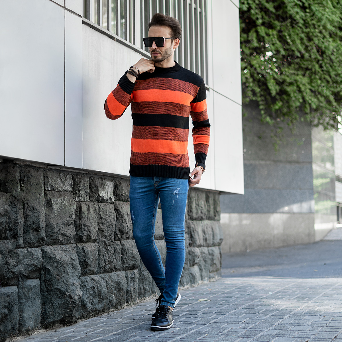 پلیور مردانه راه راه نارنجی مدل David