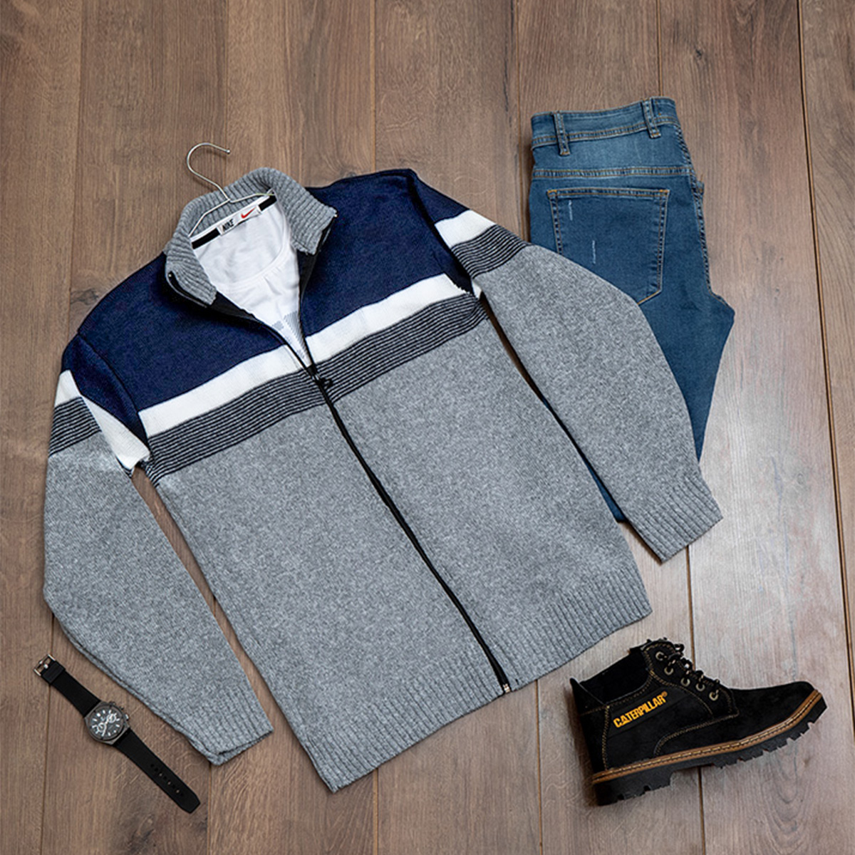 بافت مردانه زیپ دار دورنگ آبی طوسی مدل shadima