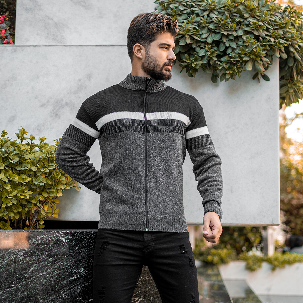 بافت مردانه زیپ دار دورنگ مشکی طوسی مدل shadima