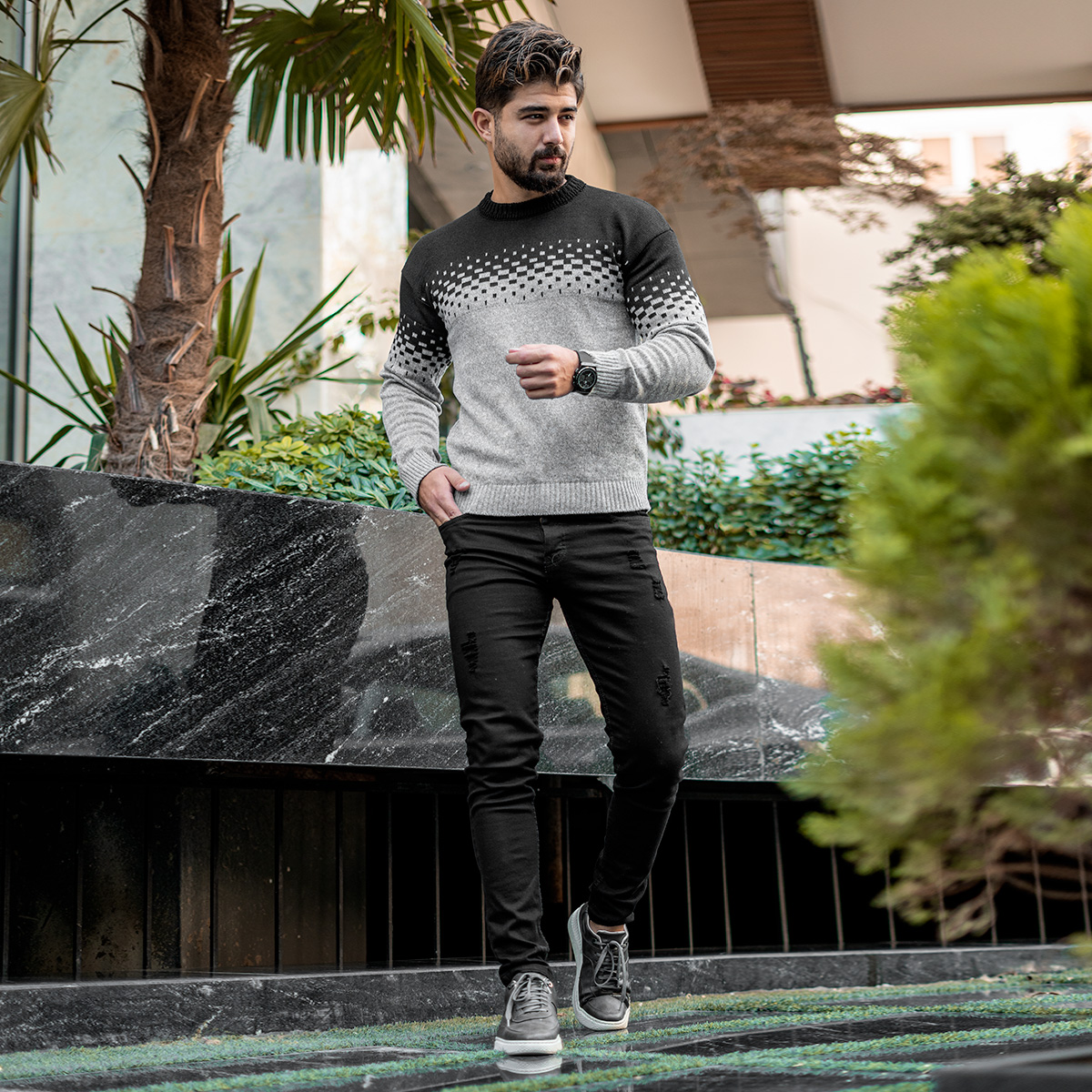 پلیور مردانه دو رنگ مشکی طوسی مدلShatel