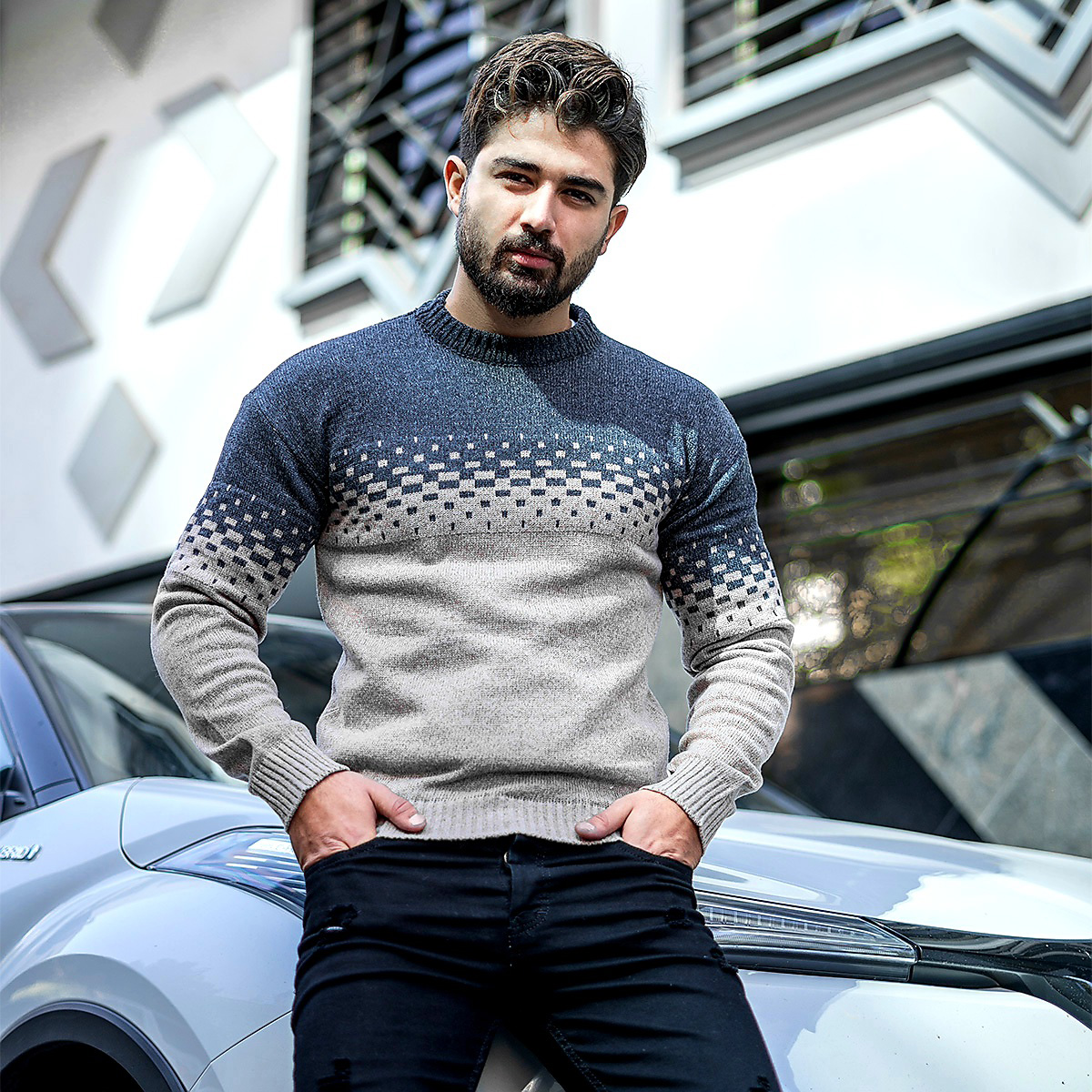 پلیور مردانه دو رنگ ذغالی کرم مدلShatel