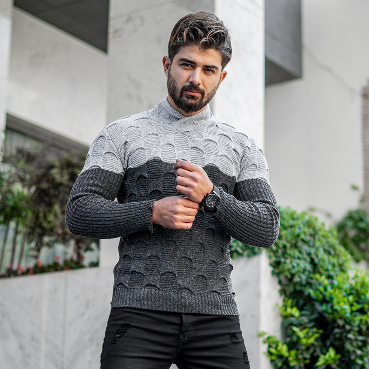 پلیور دورنگ طوسی ذغالی مردانه مدلArkia