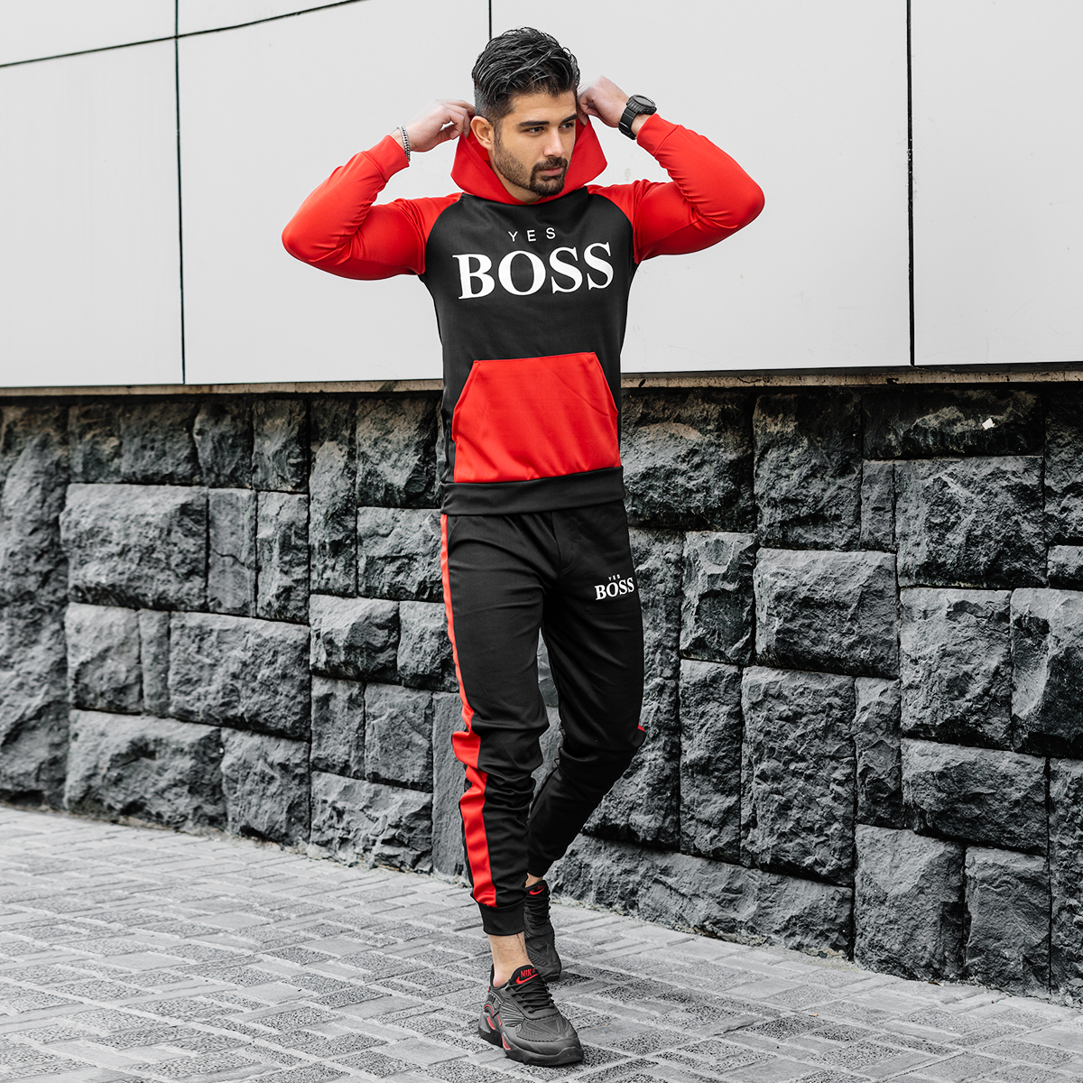 ست هودی شلوار BOSS مردانه قرمز مشکی مدل Varm