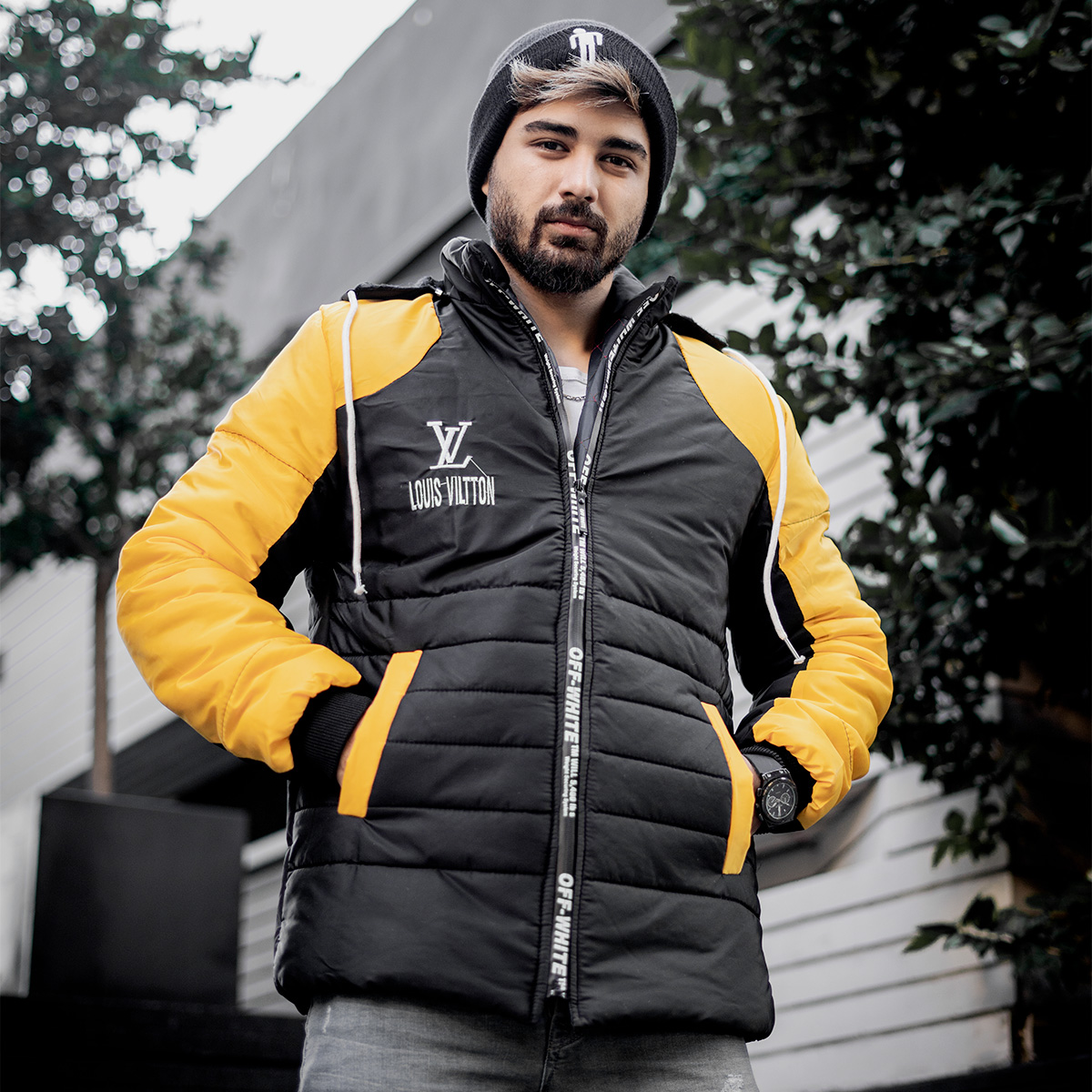کاپشن مردانه مشکی زردمدل LV