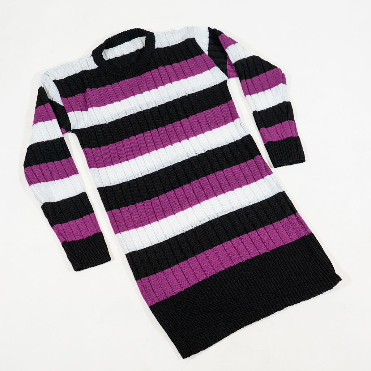 تونیک بافت زنانه راه راه بنفش مشکی مدل kareno