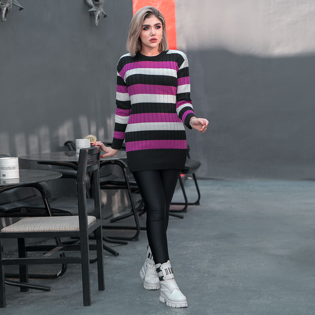 تونیک بافت زنانه راه راه بنفش مشکی مدل kareno