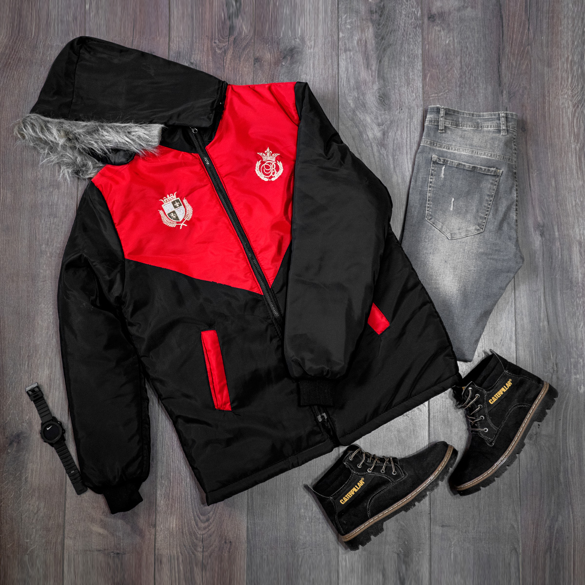 کاپشن مردانه مشکی قرمز مدل Arin