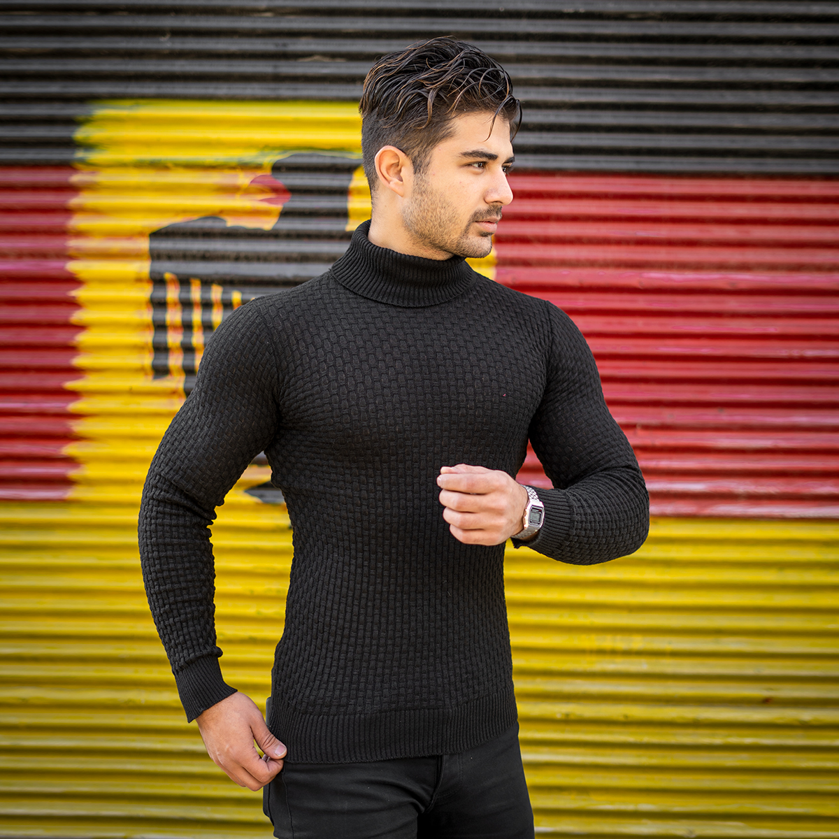 پلیور یقه اسکی مردانه مشکی مدل Oktav