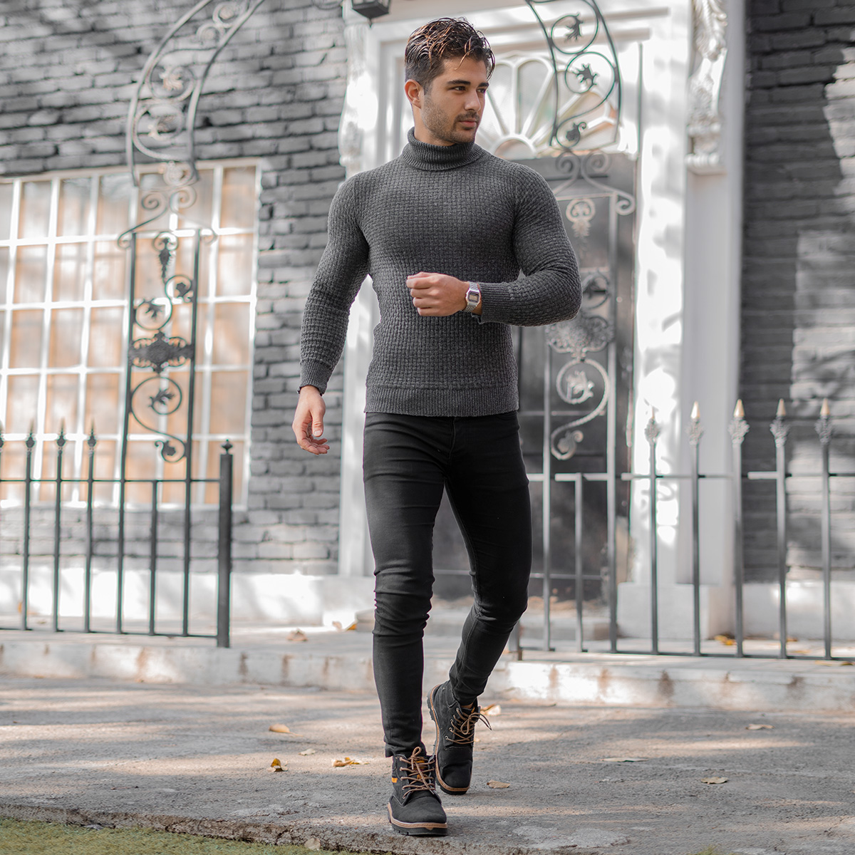 پلیور یقه اسکی مردانه طوسی تیره مدل Oktav