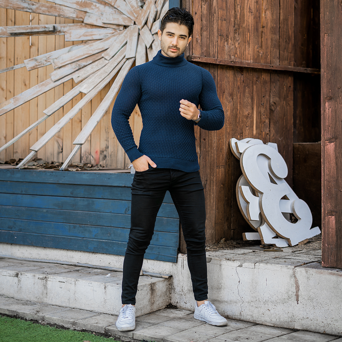 پلیور یقه اسکی مردانه سرمه ای مدل Oktav