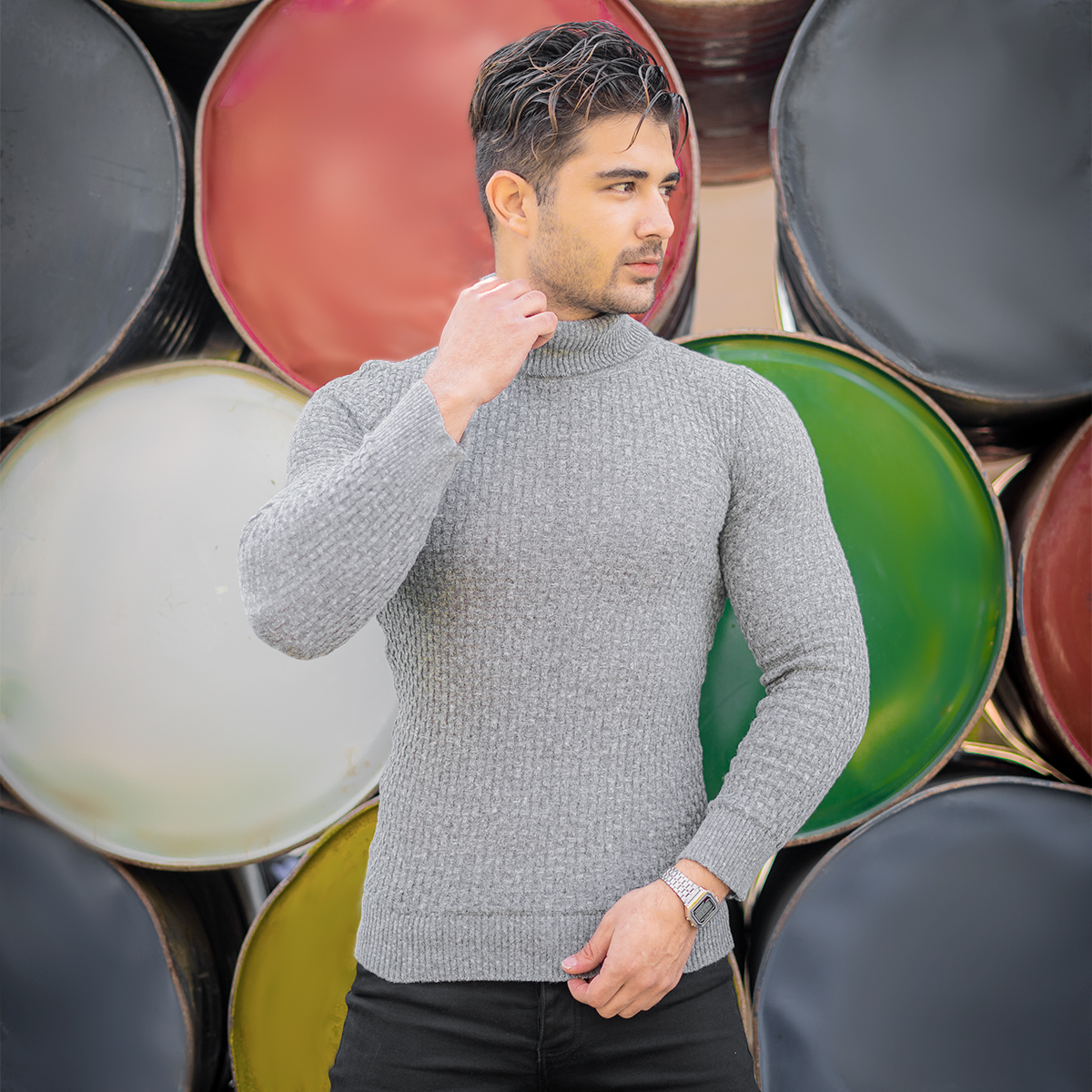 پلیور یقه اسکی مردانه طوسی روشن مدل Oktav