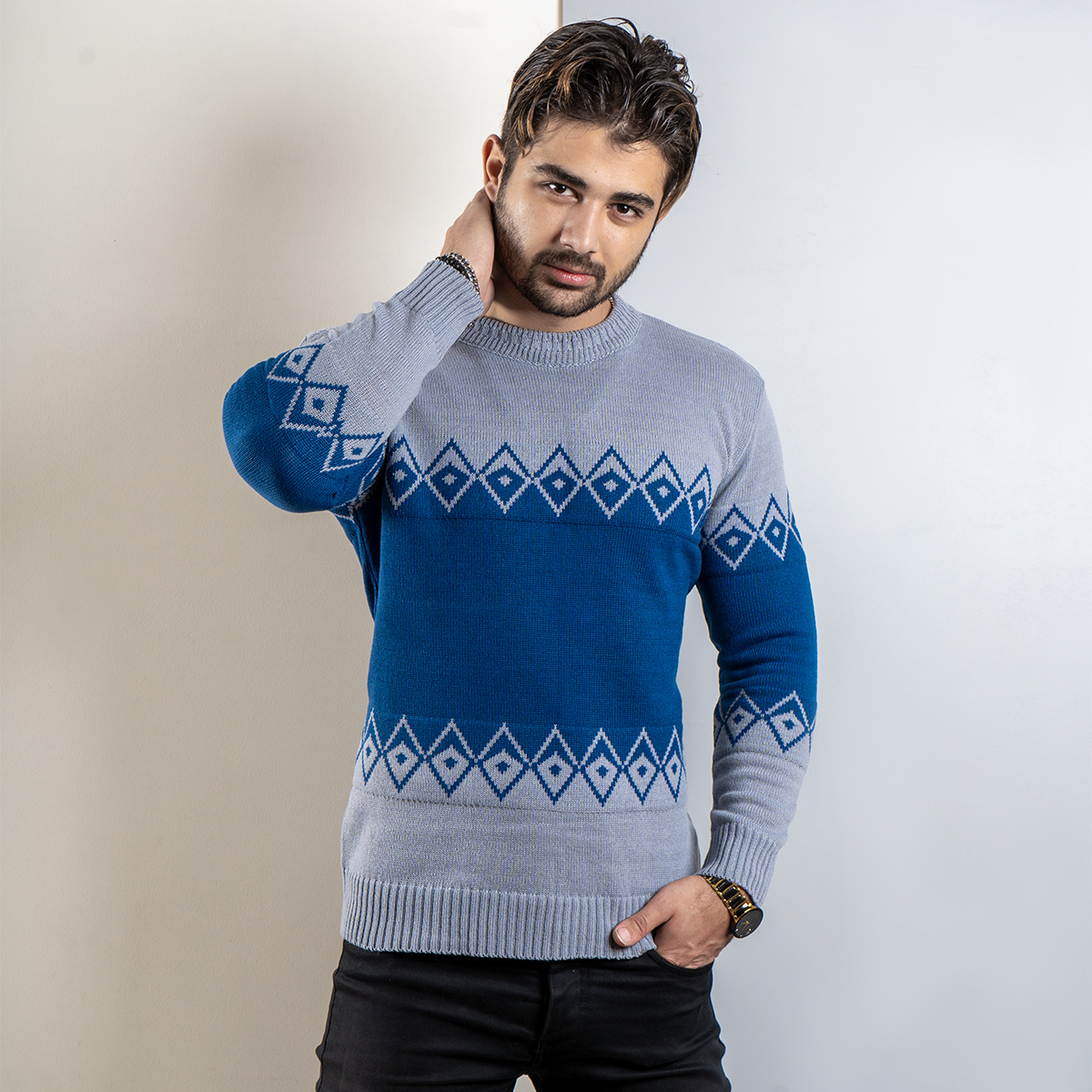 پلیور مردانه طوسی آبی(T) مدل roter