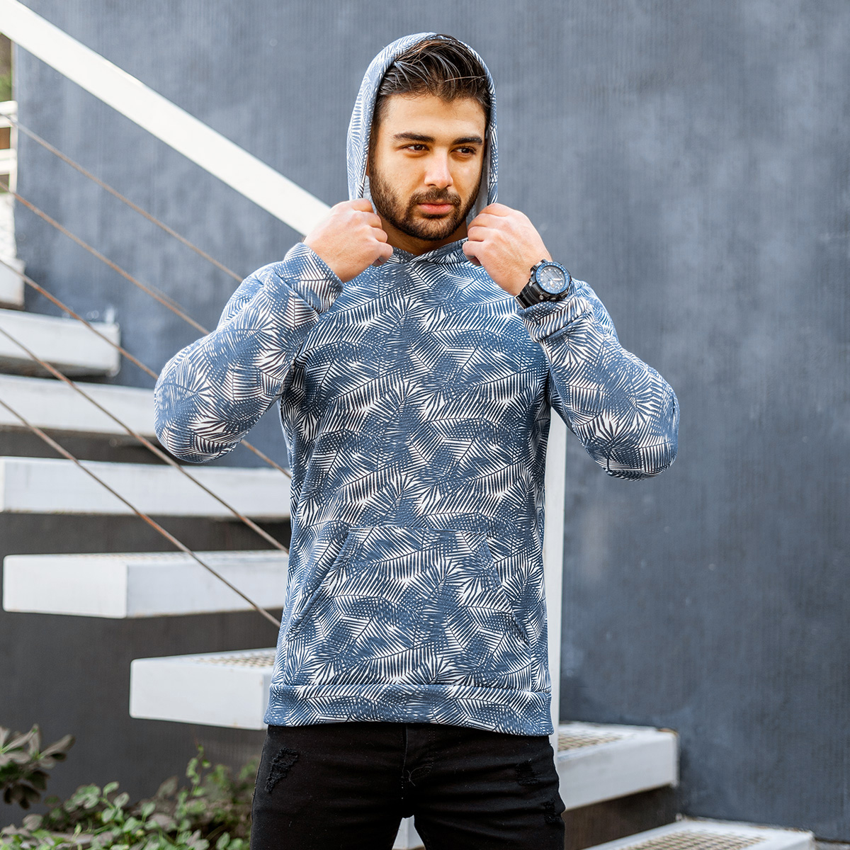 هودی مردانه طرح برگ سرمه ای مدل Homan