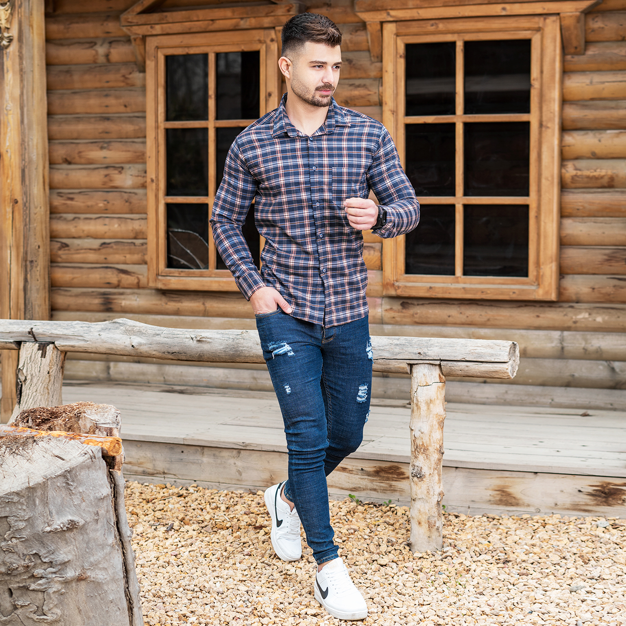 پیراهن چهارخانه بنفش سرمه ای مردانه مدلDivan