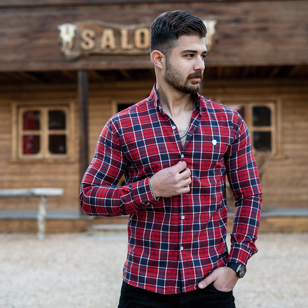 پیراهن چهارخونه قرمز مردانه مدل katin