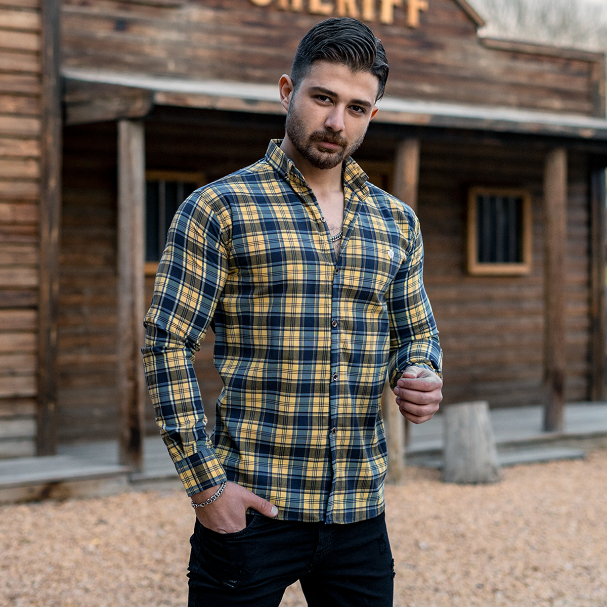 پیراهن چهارخونه سرمه ای زرد مردانه مدل katin