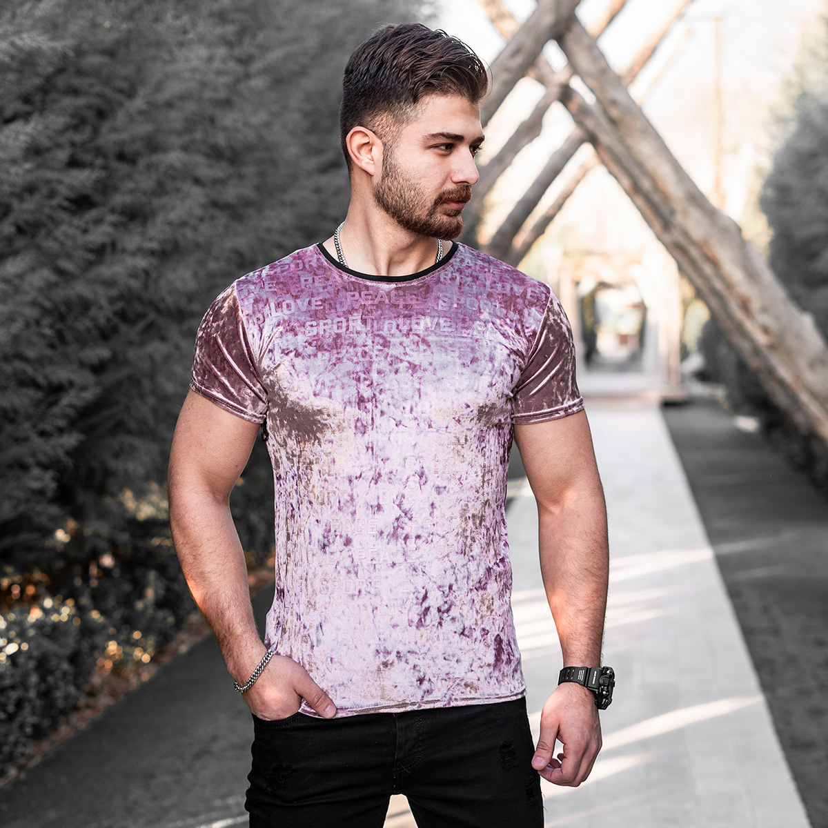 تیشرت مخمل صورتی مردانه مدل Tonis