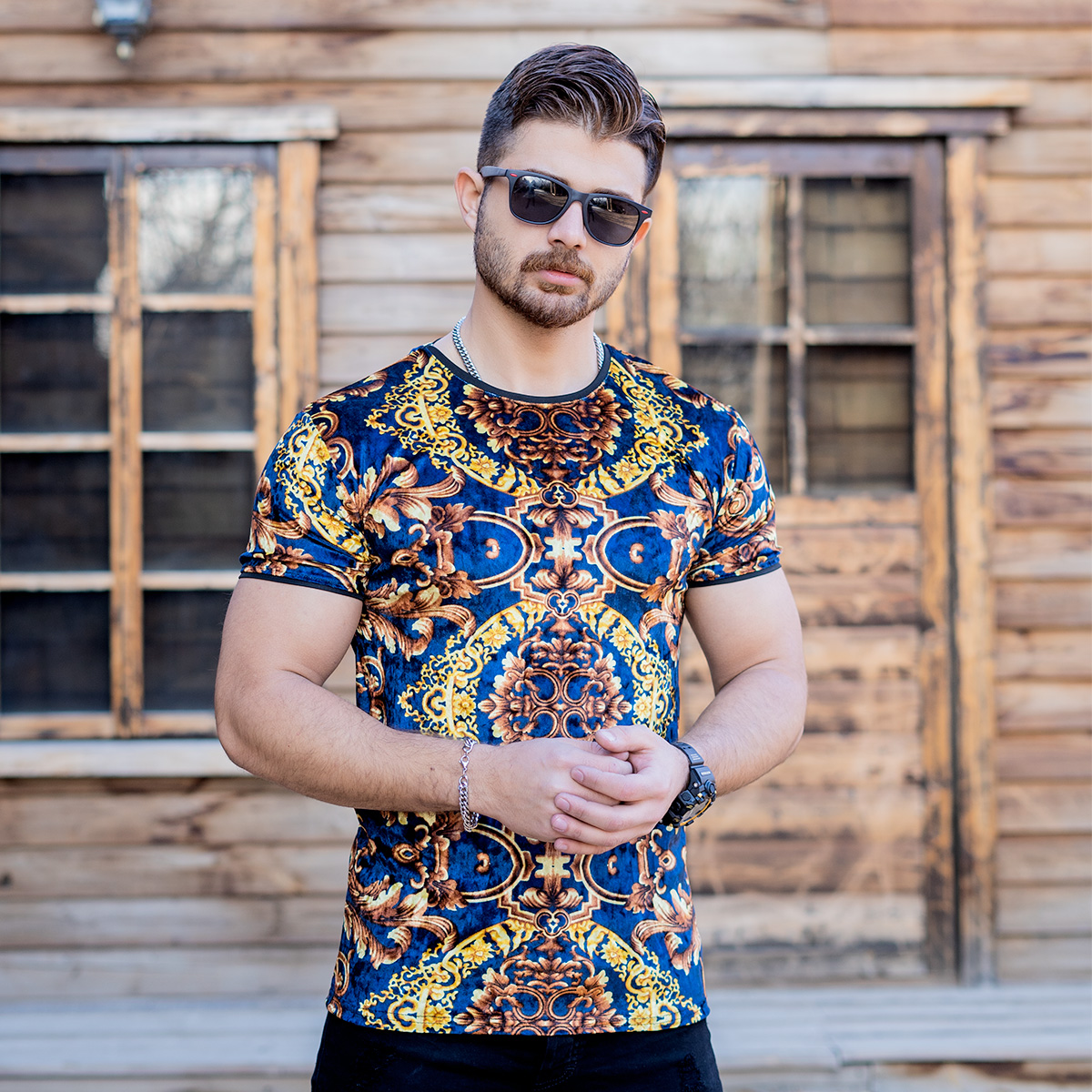 تیشرت مخمل آبی طرحدار مردانه مدل Avin