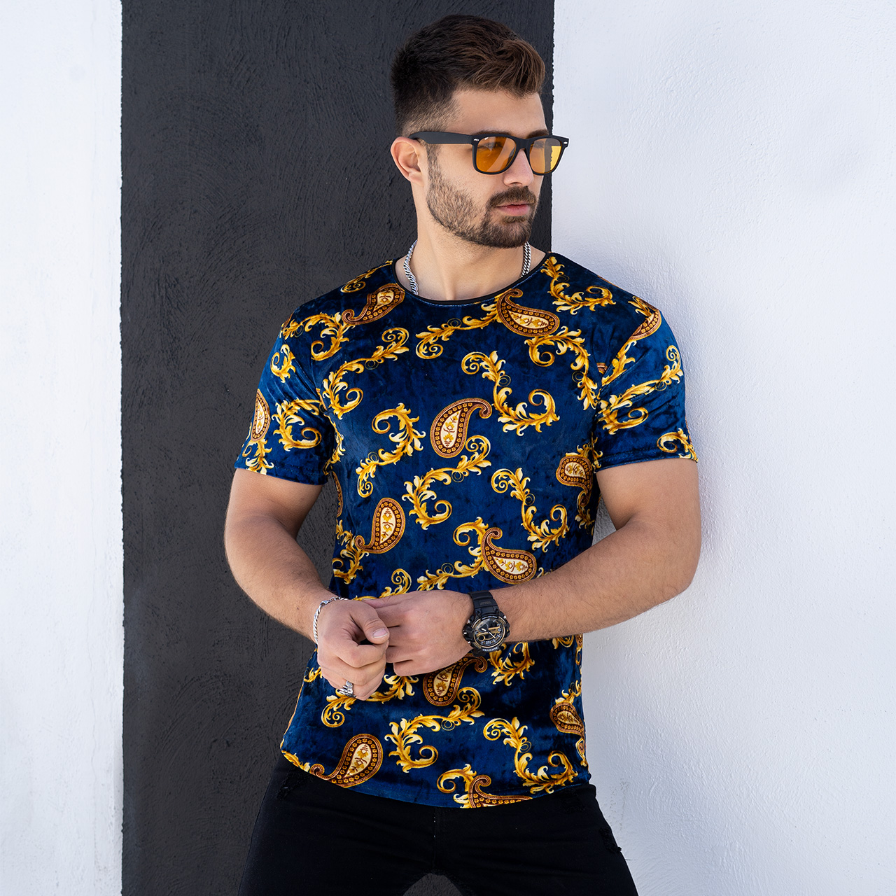 تیشرت مخمل آبی مردانه مدل H59