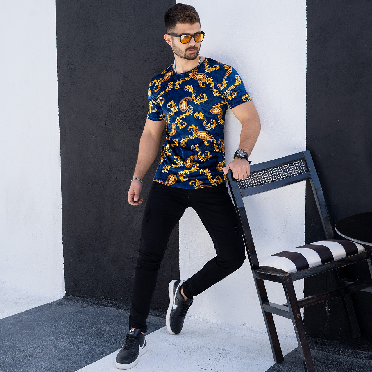 تیشرت مخمل آبی مردانه مدل H59