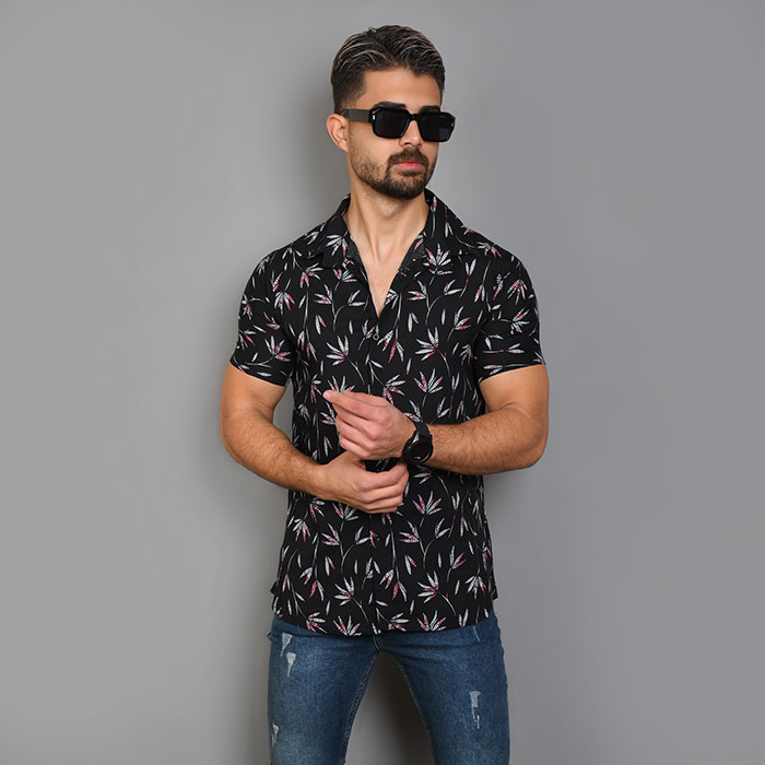 پیراهن هاوایی برگ صورتی مردانه مدل Pinko