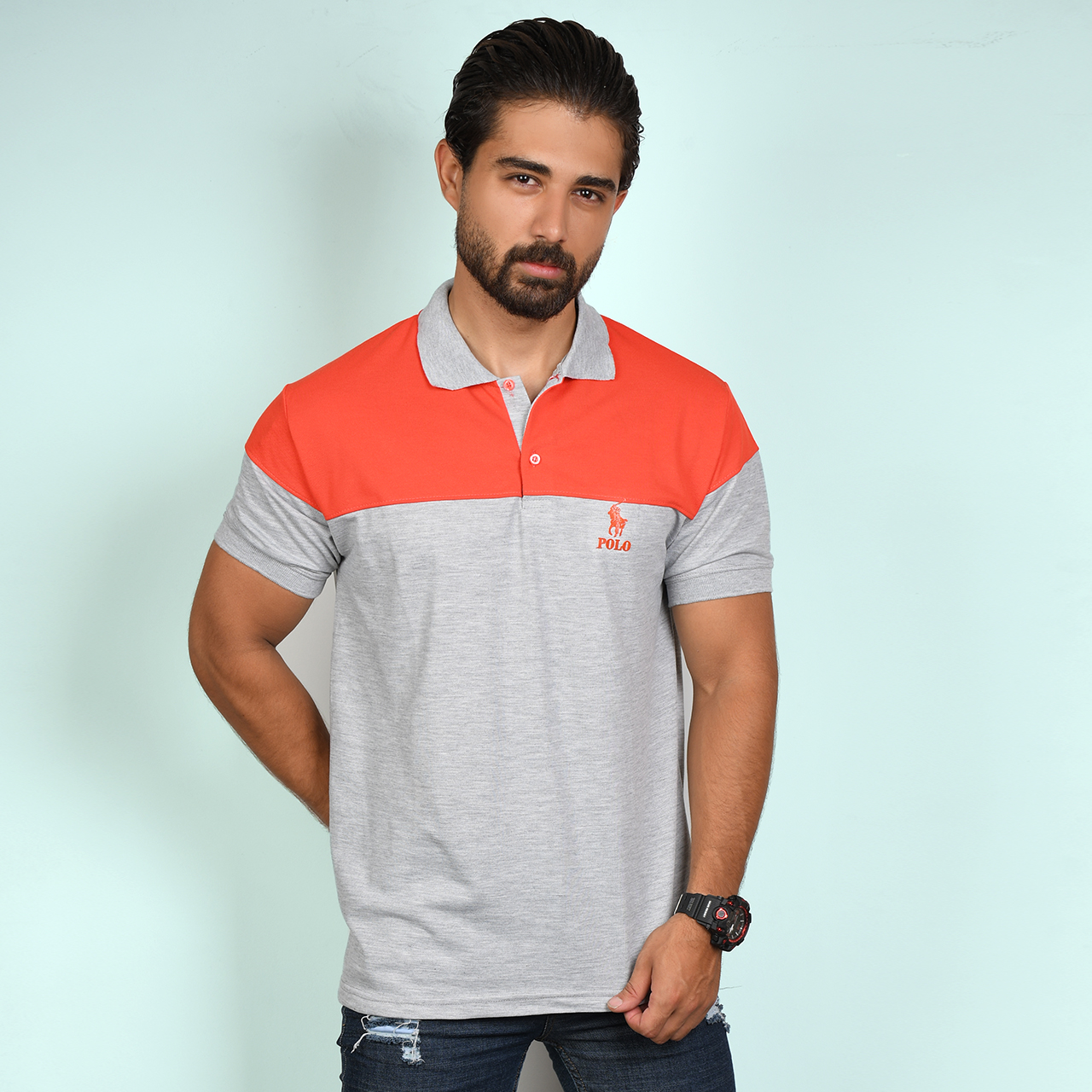 تیشرت مردانه POLO طوسی- نارنجی مردانه Mazyar