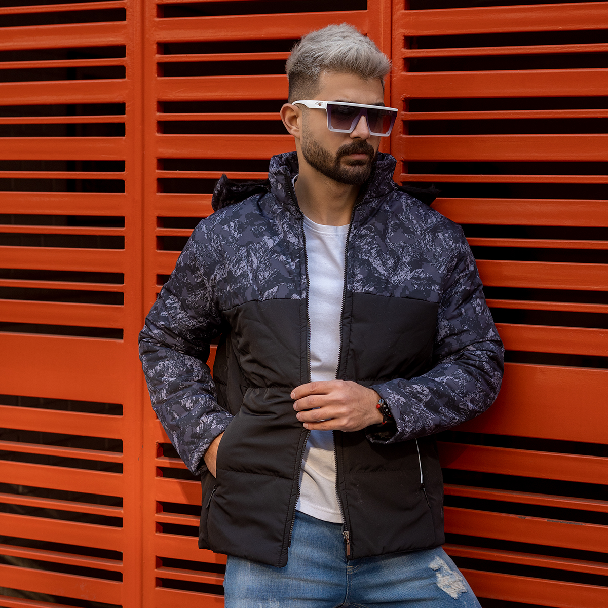 کاپشن دورنگ طوسی-مشکی مردانه مدلRovin