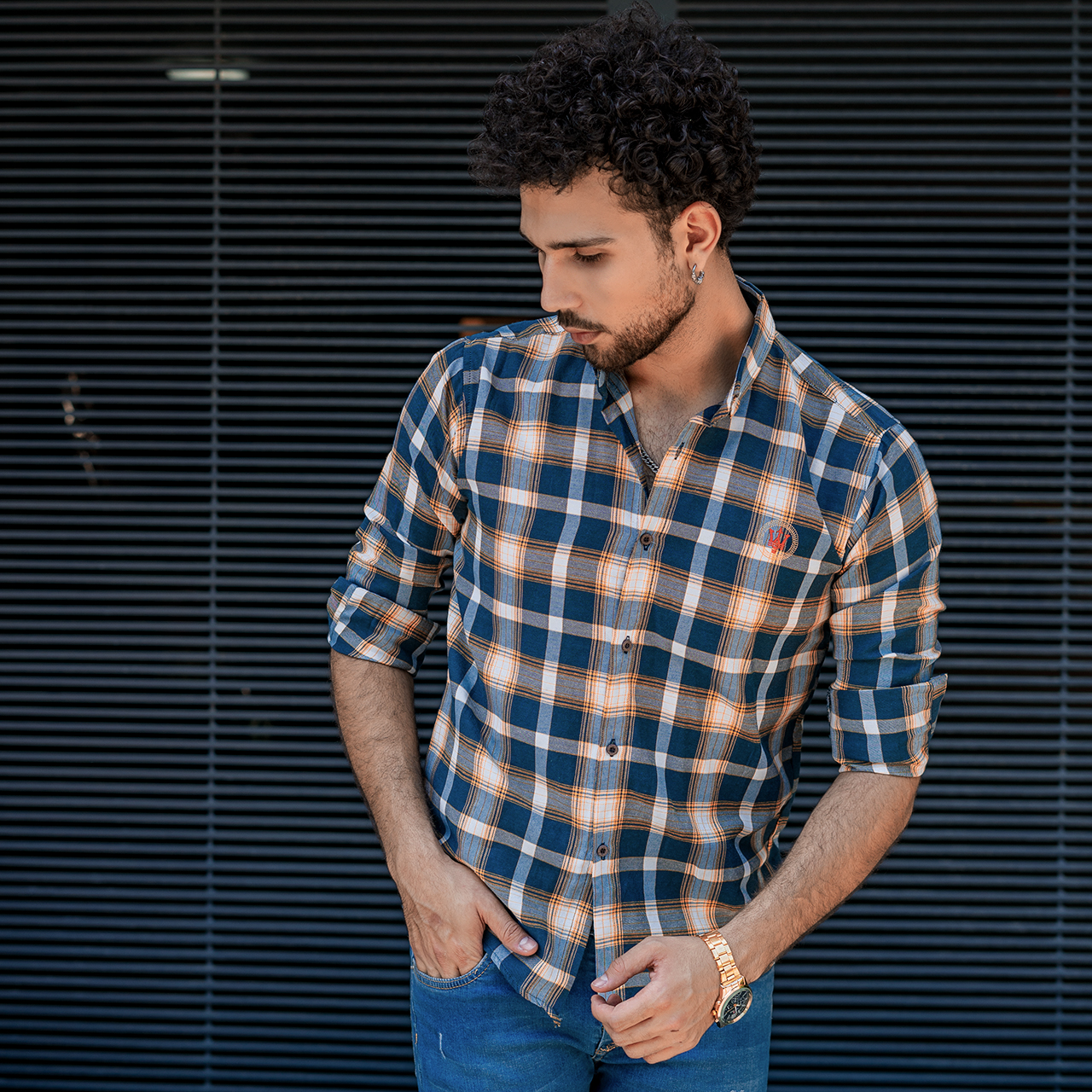 پیراهن چهارخونه مردانه آبی طوسی مدلB12