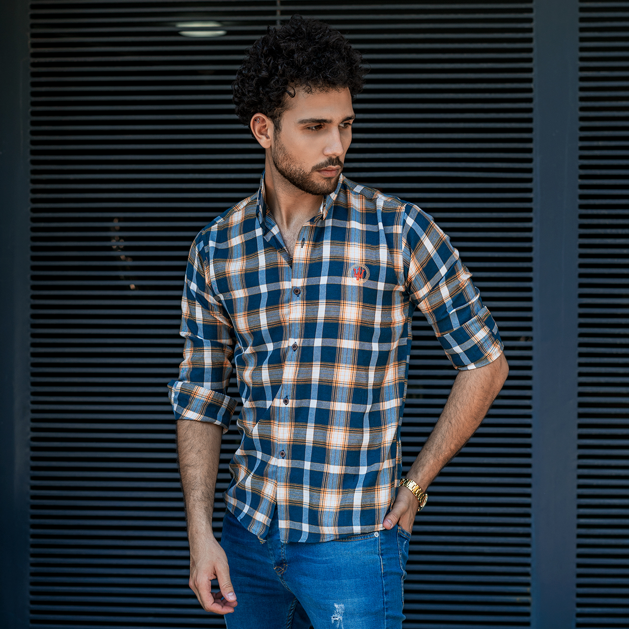 پیراهن چهارخونه مردانه آبی طوسی مدلB12