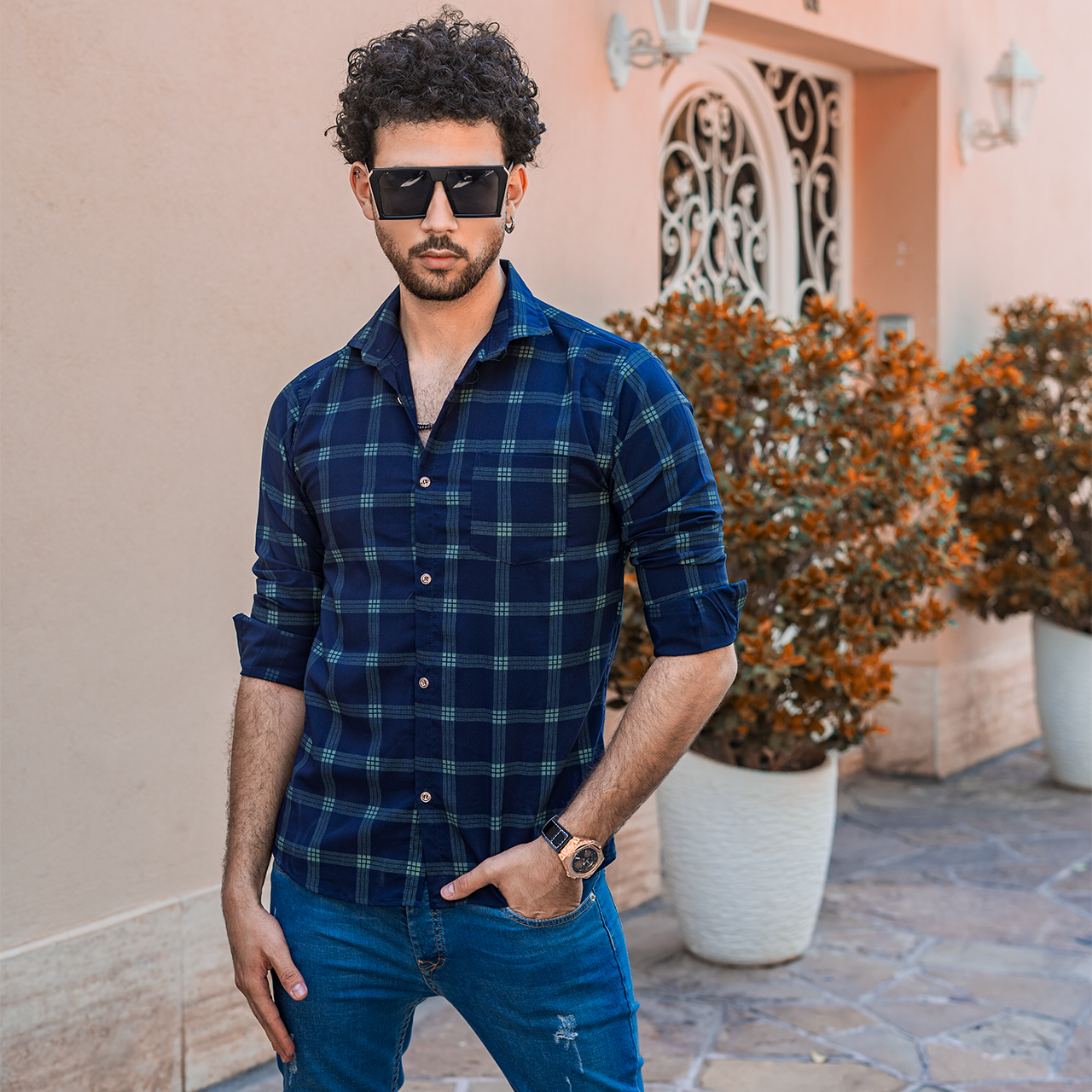 پیراهن چهارخونه مردانه سرمه ای مدل B18