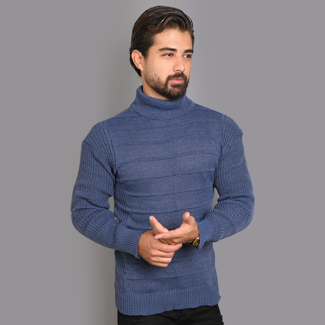 پلیور یقه اسکی آبی طرح کرکره ای مردانه مدلR10