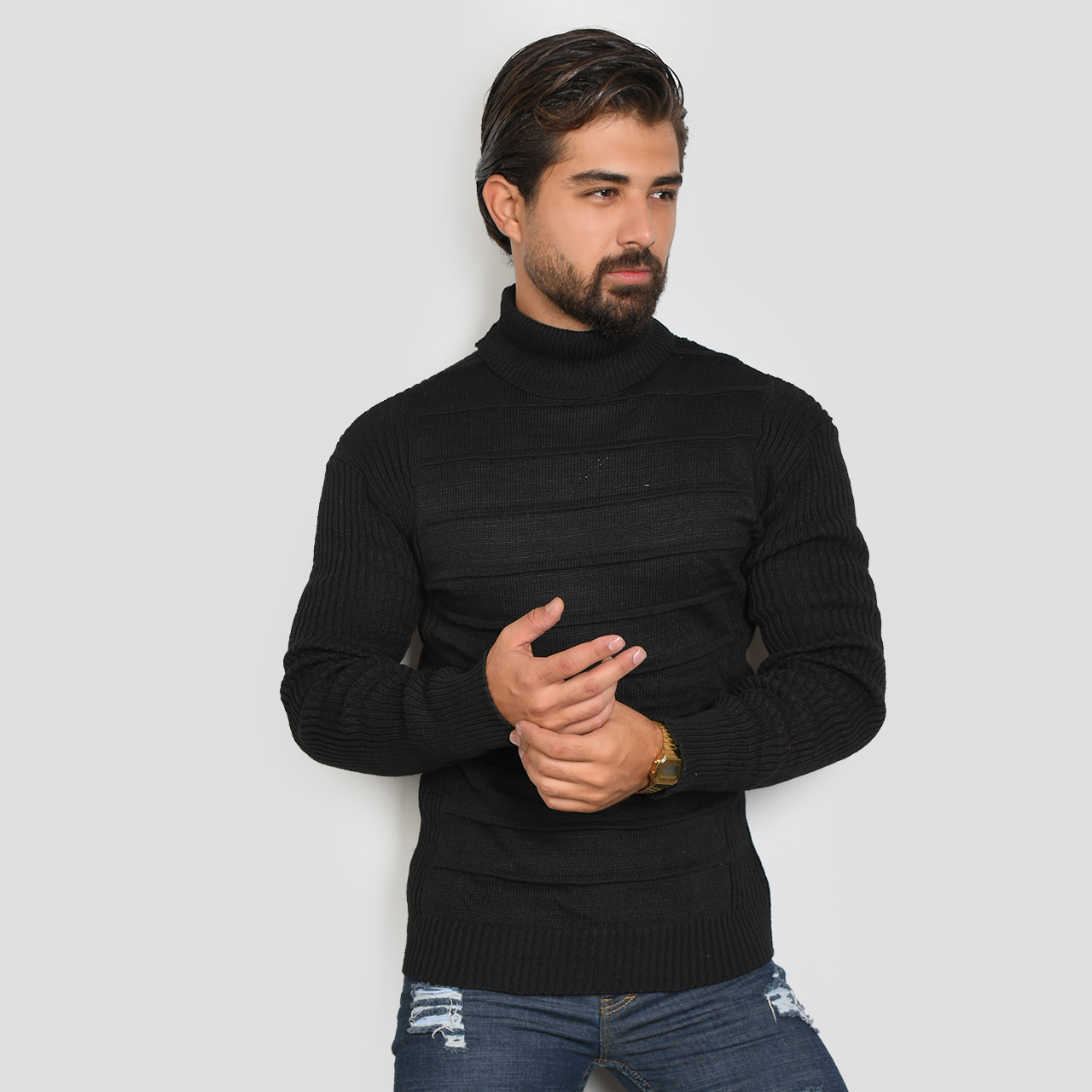 پلیور یقه اسکی مشکی طرح کرکره ای مردانه مدلR10