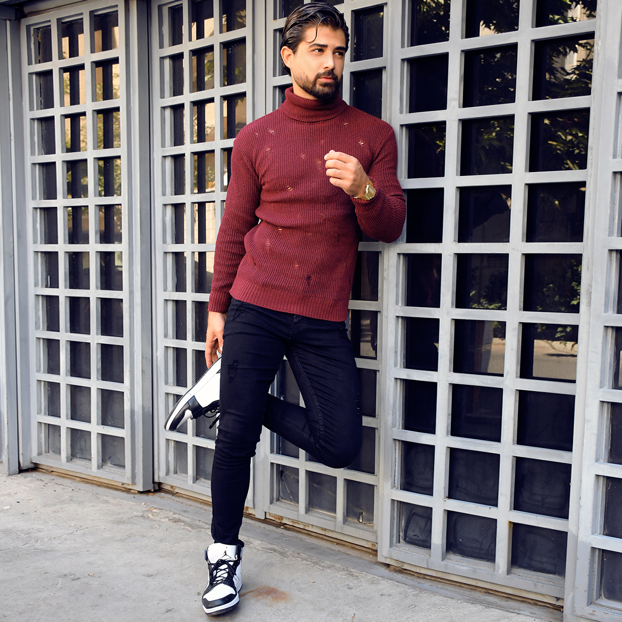 پلیور یقه اسکی زرشکی زاپ دار مردانه مدل U10