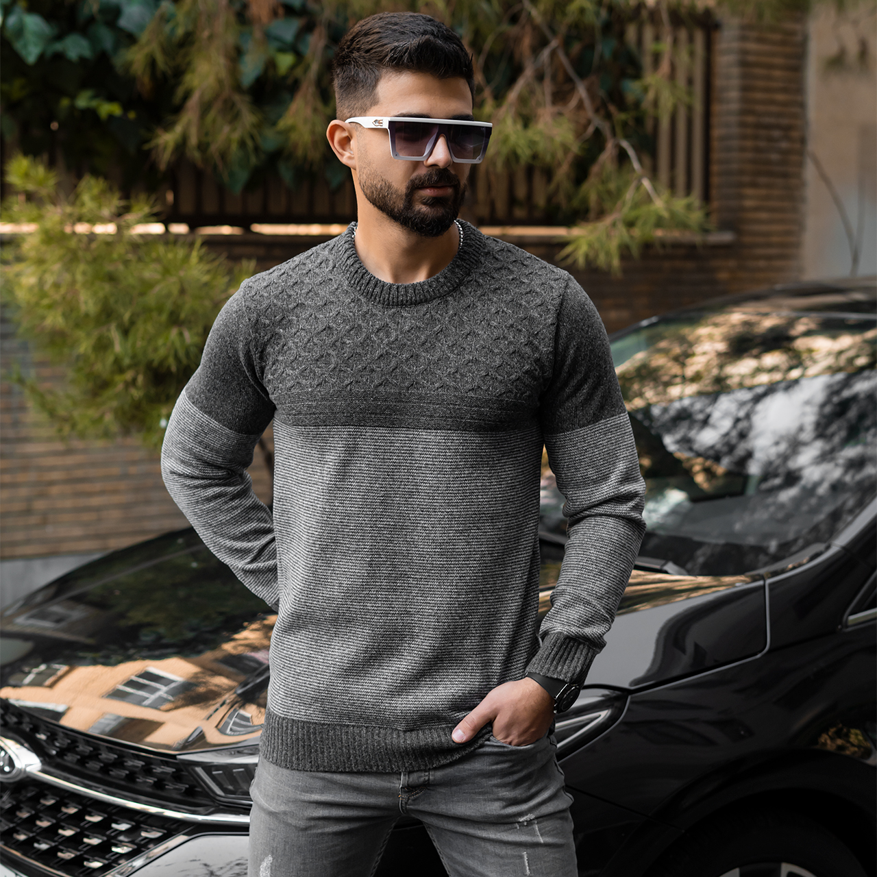 پلیور مردانه راه راه ذغالی مدل navid