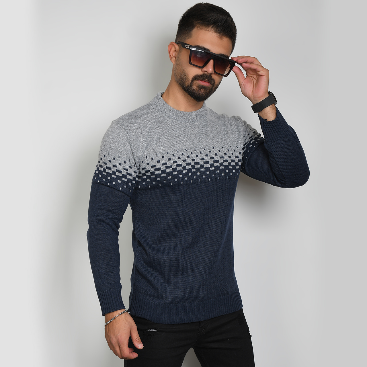 پلیور مردانه دو رنگ سرمه ای طوسی مدلShatel