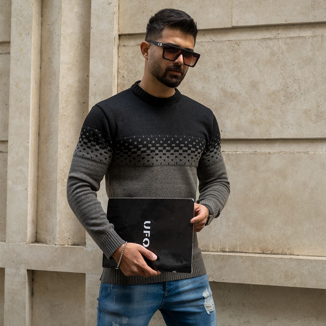 پلیور مردانه دو رنگ قهوه ای مشکی مدلShatel