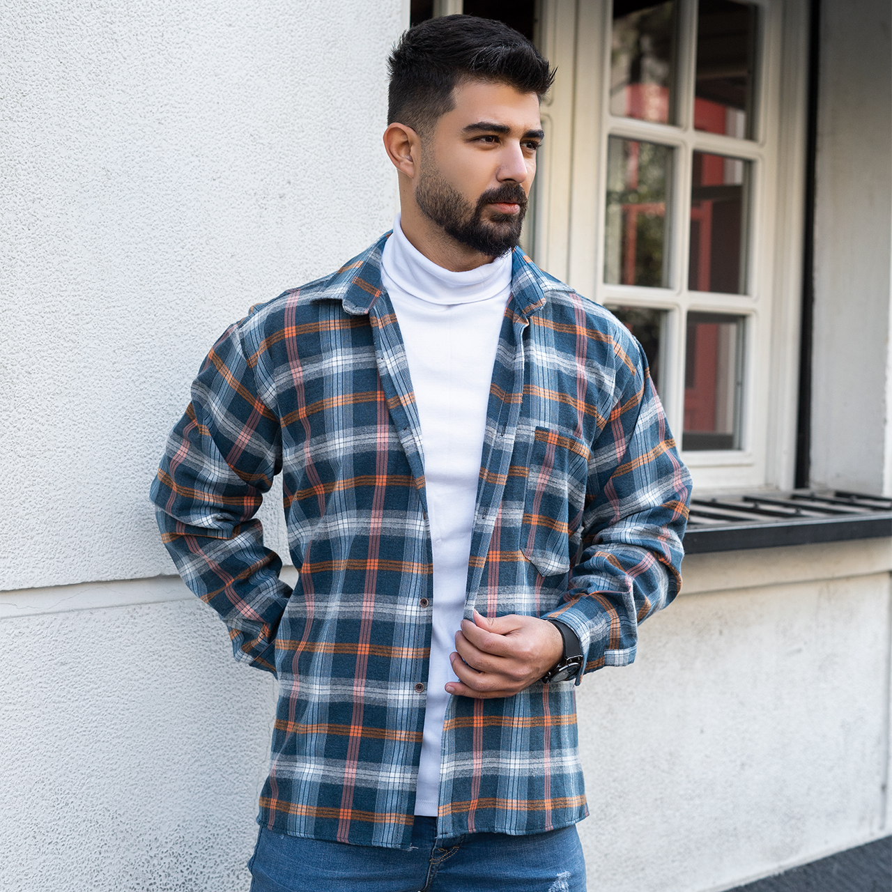 پیراهن مردانه چهارخونه آبی نارنجی مدل BEHRAD