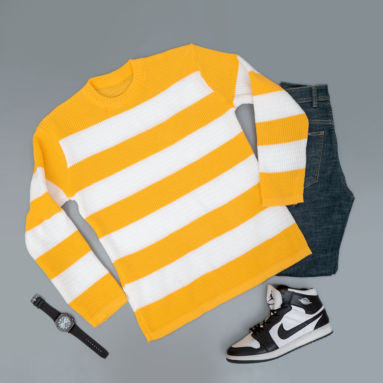 پلیور مردانه راه راه سفید زرد مدل Mahyad