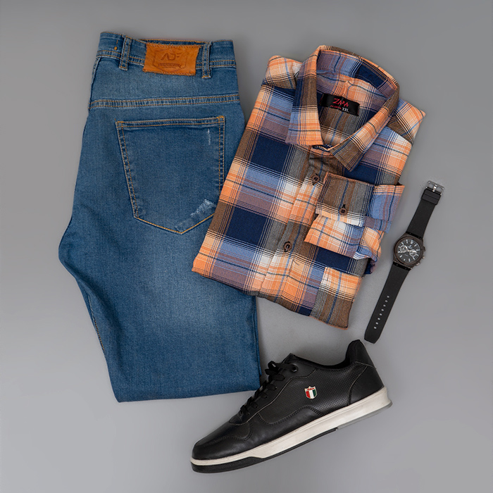 پیراهن مردانه چهارخونه نارنجی سرمه ای مدل Robert