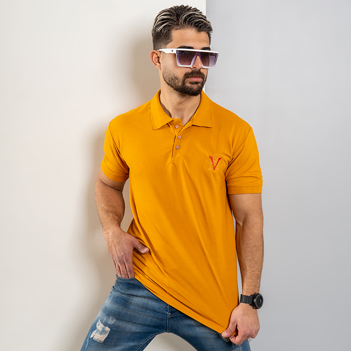 تیشرت V خردلی مردانه مدل Sadra