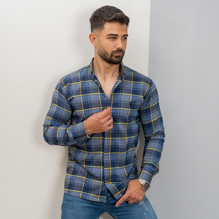 پیراهن مردانه سرمه ای زرد مدل Farzad