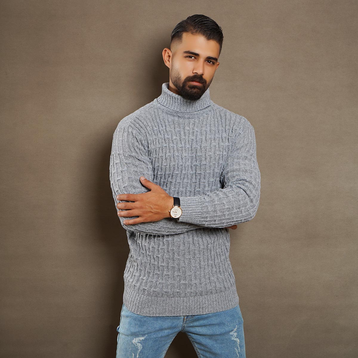 پلیوربافت مردانه طوسی یقه اسکی مدل Arad