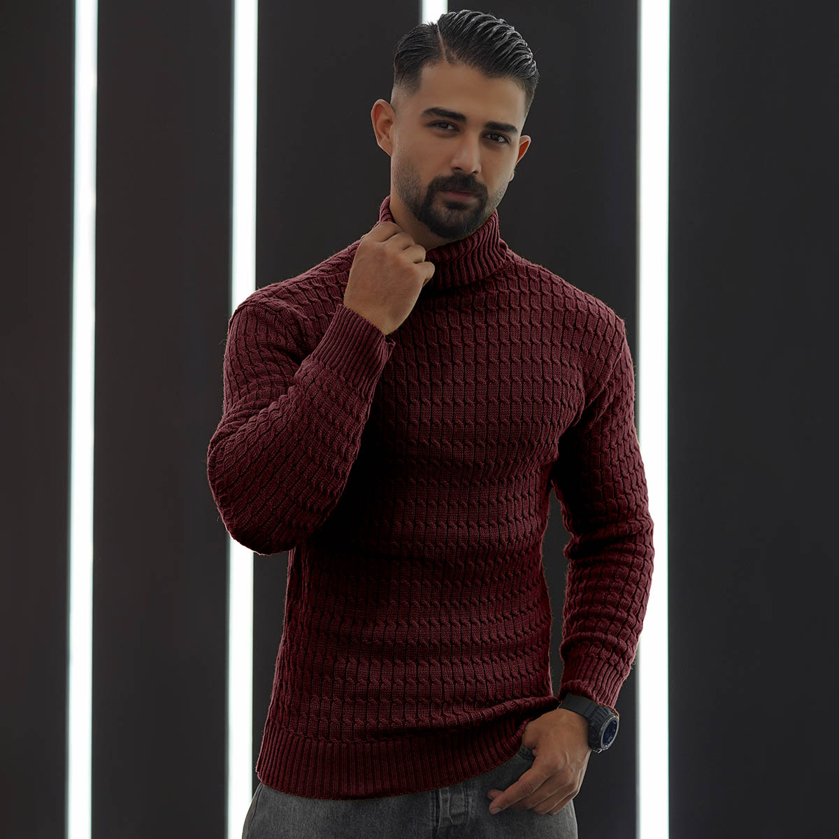 پلیوربافت مردانه زرشکی یقه اسکی مدل Pouyan
