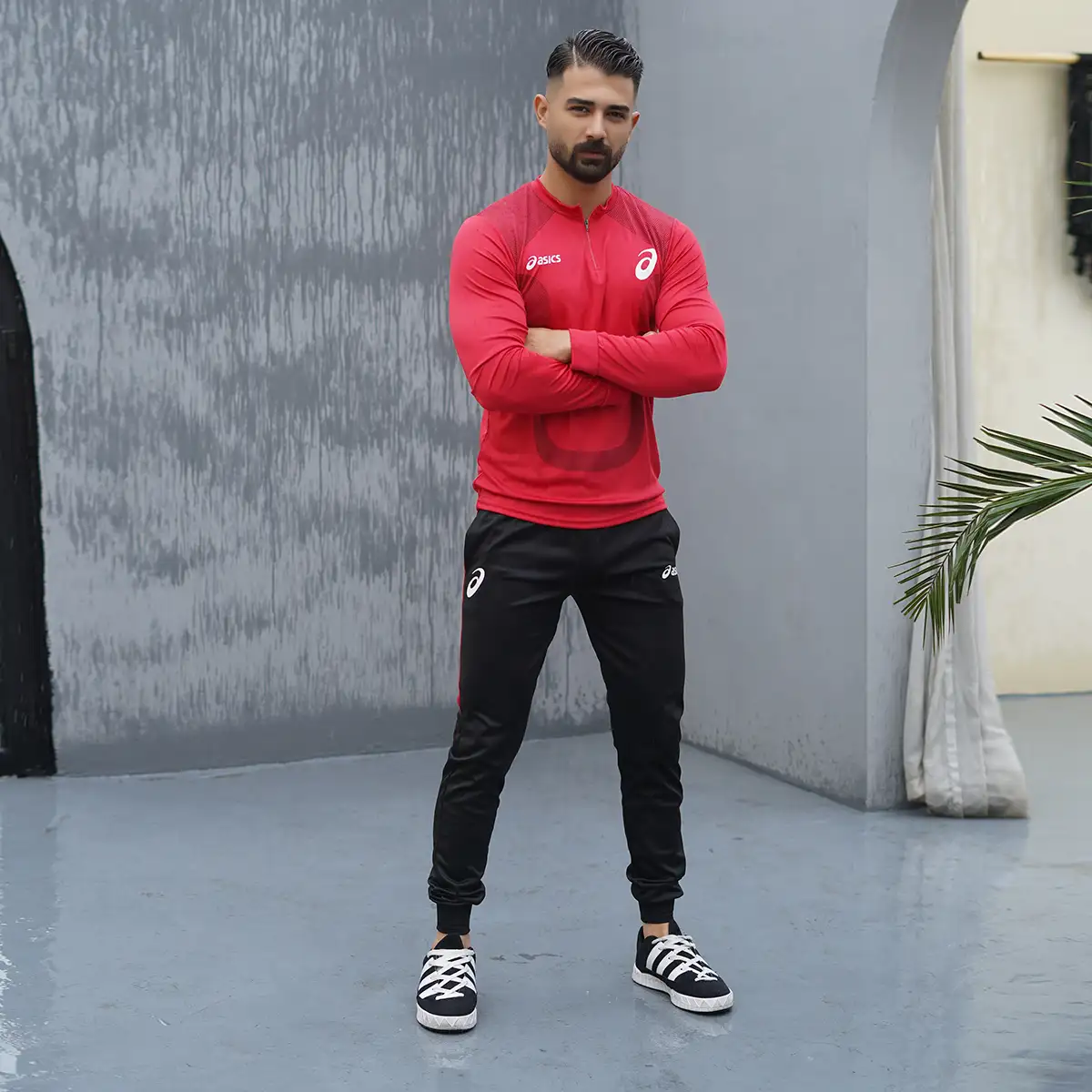 ست تیشرت آستین بلندشلوار مردانه قرمزمدل ASICS
