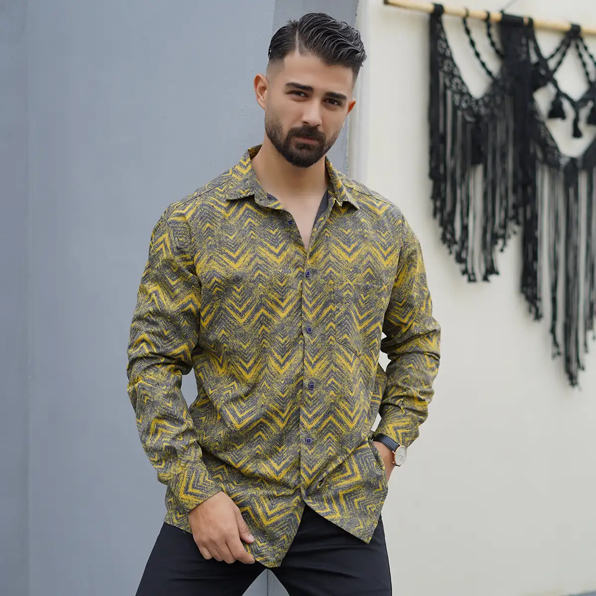 پیراهن مردانه خردلی مدل awino