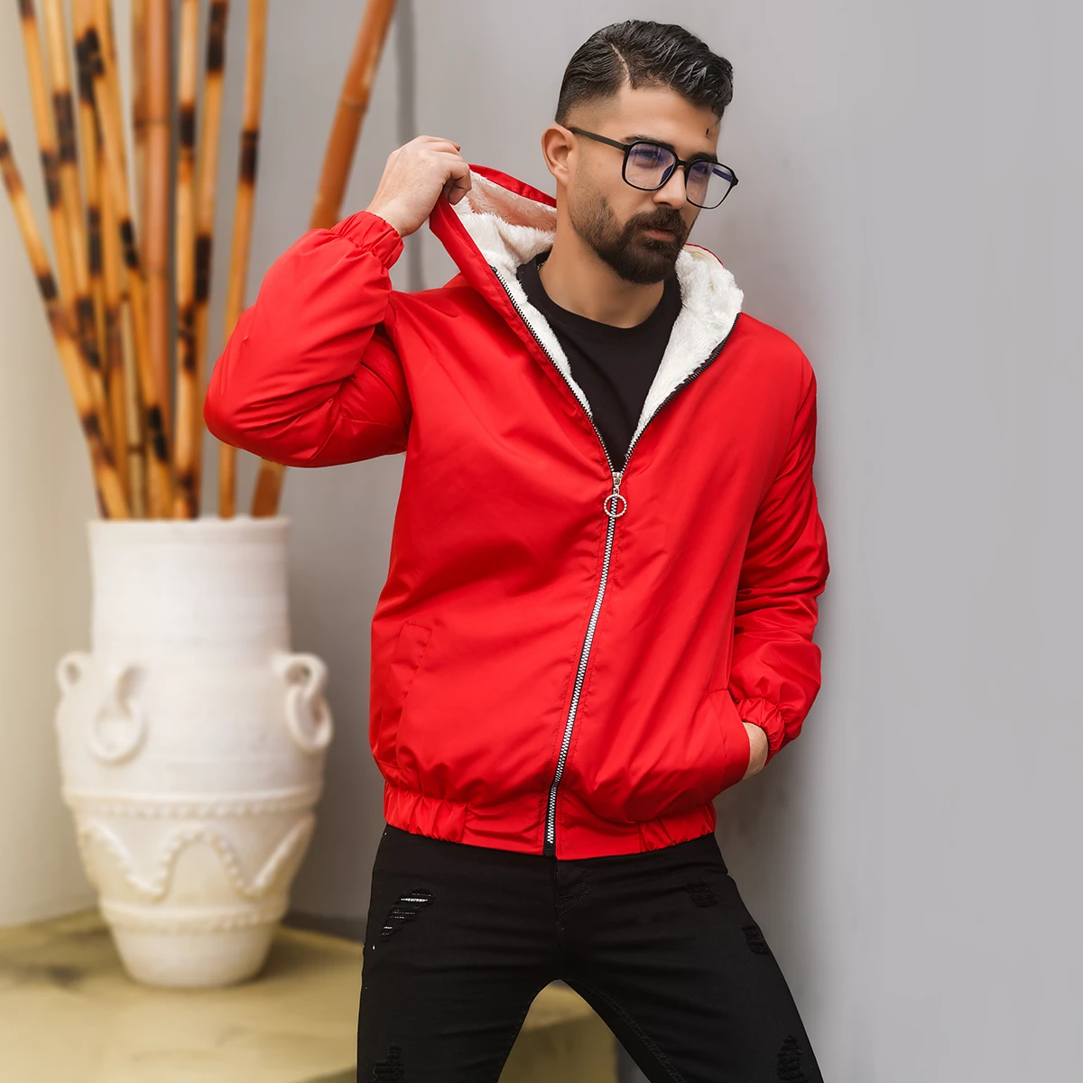 کاپشن داخل پشمی مردانه قرمز مدل Massoud