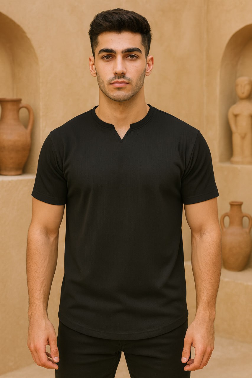 تیشرت آستین کوتاه یقه کوبایی مشکی مردانه مدل Asam