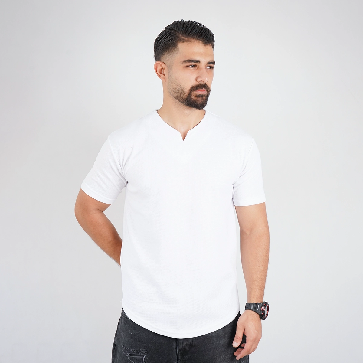 تیشرت سفید یقه کوبایی مردانه مدل Sorad