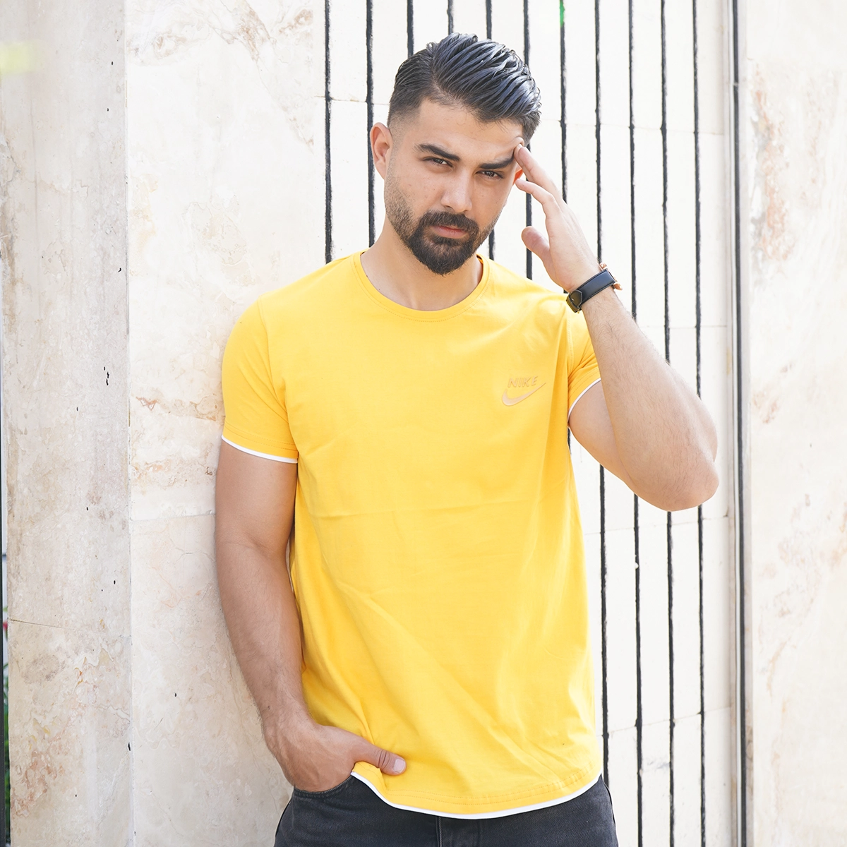 تیشرت یقه گرد زرد مردانه مدل kamyar